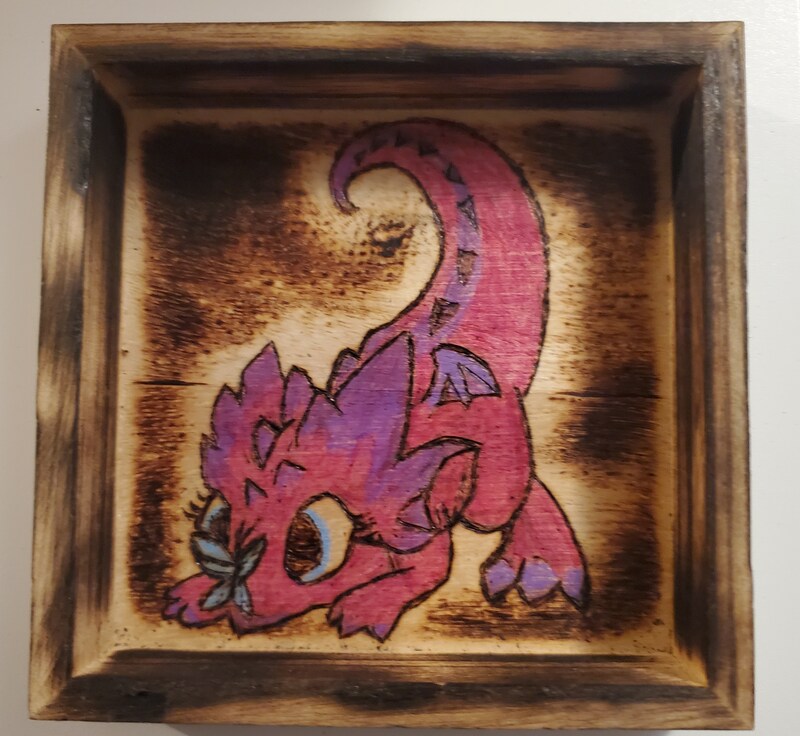 Shadow box baby pink dragon woodburn art